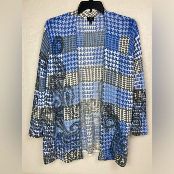 Talbots size 1X Merino Wool Blue White Black Paisley Houndstooth Open Cardigan - Picture 1 of 9